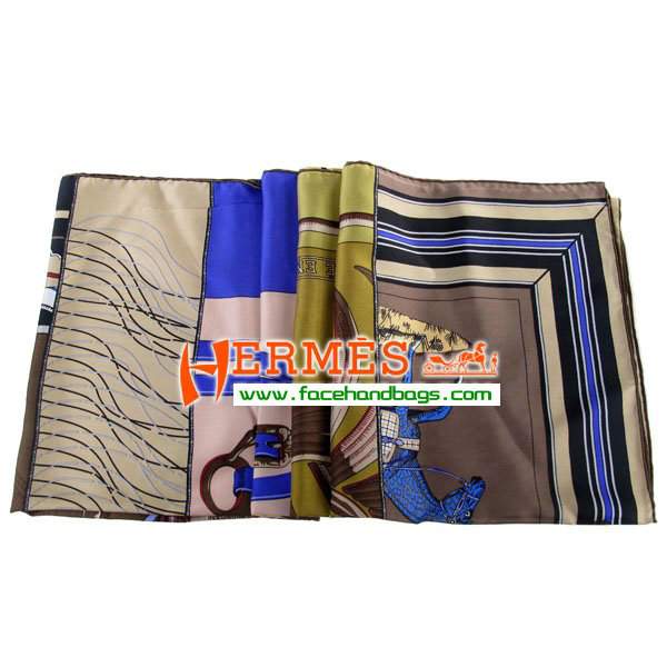 Hermes 100% Silk Square Scarf Brown HESISS 130 x 130 - Click Image to Close